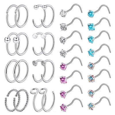 2-64Pcs 20G Nose Rings Screw L Bned Straight Nose Bone Stud Steel Nose Hoop Ring - Image 1 of 4