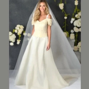 Jovani Ivory Off The Shoulder Beaded Satin Gown Wedding Dress Size 6 A-Line - Picture 1 of 15