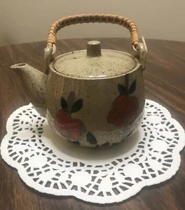 Vintage Ceramic Tea Pot With Rattan Wrap Handle Japanese Art Pottery Floral Deco - Picture 1 of 9
