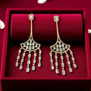 Gorgeous 2.32 Cts Round Baguette Shape Natural Diamonds Dangle Earrings 14K Gold - Picture 1 of 14