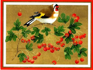 UNBENUTZTE Caspari Muster Vintage Weihnachtskarte: Goldfink auf Beerenzweig - Bild 1 von 3