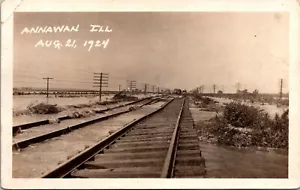 1921 Annawan Illinois Flood Waters Over Railroad Tracks RPPC - Picture 1 of 2
