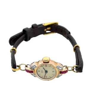 Deko Vintage 18kt Gold Uhr besetzt mit 8 Diamanten im Altschliff & 6 Rubinen - Bild 1 von 5