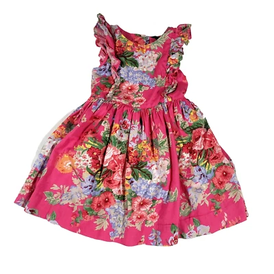 Ralph Lauren Floral flutter Sleeve Dress 5T Magenta Cotton Garden Party Bouquet - Image 1 of 4