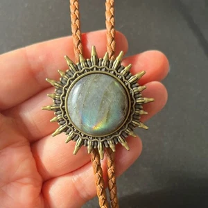 Natural Labradorite Stone Bronze Sun Pattern Bolo Tie Western Wedding Necklace - Picture 1 of 11