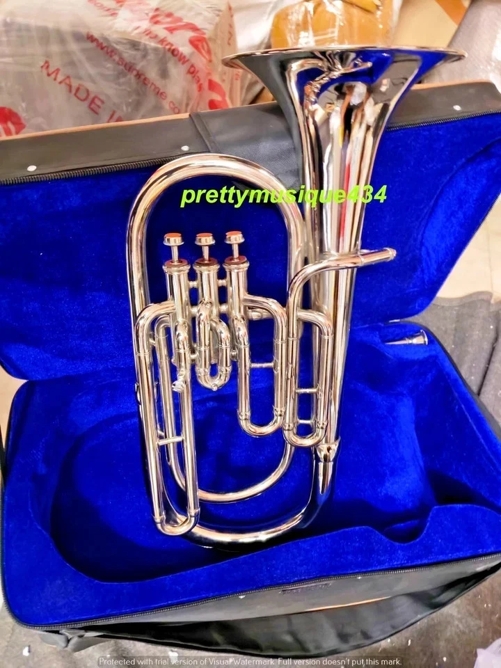 BARITONE MADE OF PURE BRASS METAL IN CHROME+ CUSHION BOX +MOUTHPIECE + FREE SHIP - Image 1 of 4