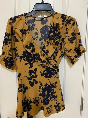 Allegra K Dark Floral Ruffle Medium Peplum Wrap Blouse - Image 1 of 4