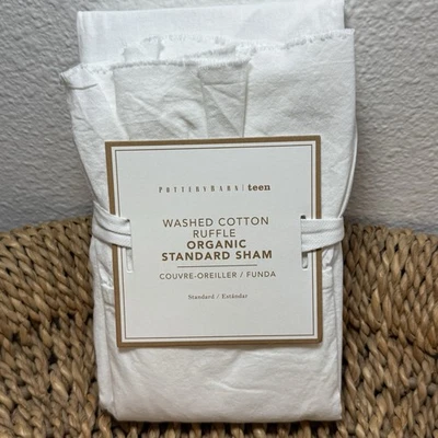 POTTERY BARN TEEN WASHED COTTON RUFFLE ORGANIC PILLOW SHAM, STANDARD ~ WHITE - Image 1 of 4