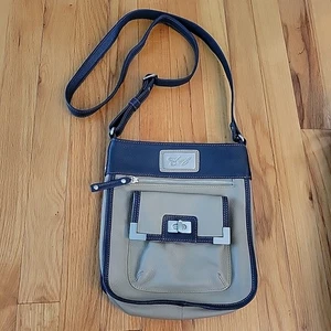 Cartera Bandolera Americana By Sharif Vintage Beige Azul Marino Correa Bolsillos Forrados Cremallera - Imagen 1 de 7