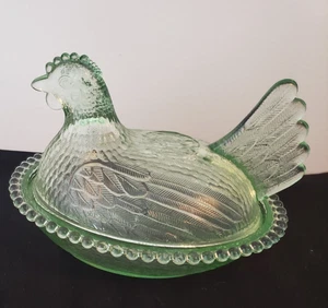 Vintage 7" Hen on Nest Candy Dish Carnival Green Excellent - Picture 1 of 8