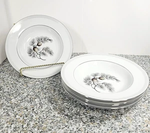 Cuencos cupé vintage de 5 piezas Narumi con borde de pino plateado piñas de 8,5" Japón - Imagen 1 de 13