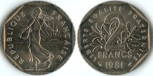 France 1981 2 Francs KM# 942.1 Nickel 5th Republic Woman Sowing Seeds Branches - Picture 1 of 3
