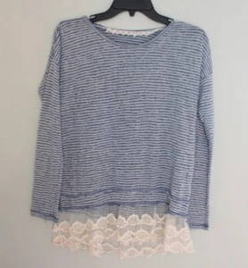 Blue and White Stripe Lace Trim Hem Shirt Size S - Picture 1 of 3