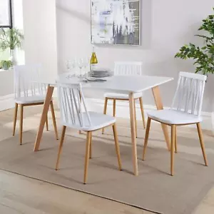 Dining Table Set 120cm White Top Wooden Legs 4 Geometric White Kitchen Chairs - Picture 1 of 9
