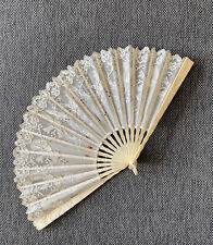 Antique Hand Fan White Silk Lace Birds & Sequence Carved Handle + Box