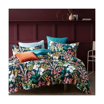 Eikei Midnight Blue Botanical Print Duvet Quilt Cover Egyptian Cotton Bedding... - Image 1 of 4