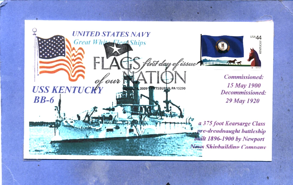 4293 USS KENTUCKY BB-6 Great White Fleet Ship Color Photo KY ST Flag First Day - Image 1 of 1