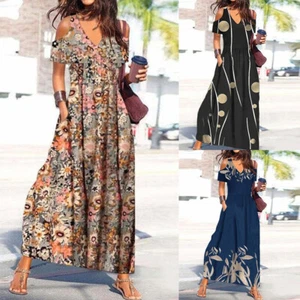 Plus Size Women Boho Maxi Dress Kaftan Ladies Summer Holiday Beach Long Sundress - Picture 1 of 17