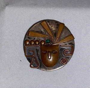 Carmen Beckmann ART MODERNE STERLING & COPPER BROOCH Mexico w/Green Malachite - Picture 1 of 3