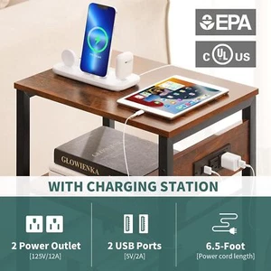 Record Player Stand, 3-Tier Side Table with Charging Station, Small End - Picture 1 of 8