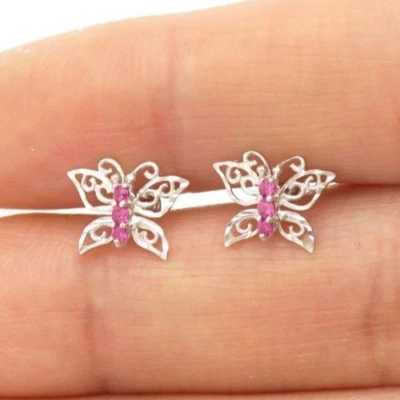 14K White Gold Diamond-Cut Simulated Ruby Butterfly Screw Back Stud Earrings - Image 1 of 4