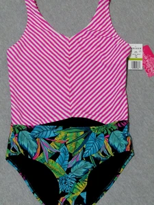 Gossip Girl Swimsuit Striped Tropical One Piece Bathing Suit Girls 14 NEW - Picture 1 of 4