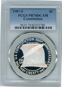 1987S CONSTITUTION 200th ANNIV. COMMEMORATIVE DOLLAR PCGS PR70DCAM Cert 26459449 - Picture 1 of 2