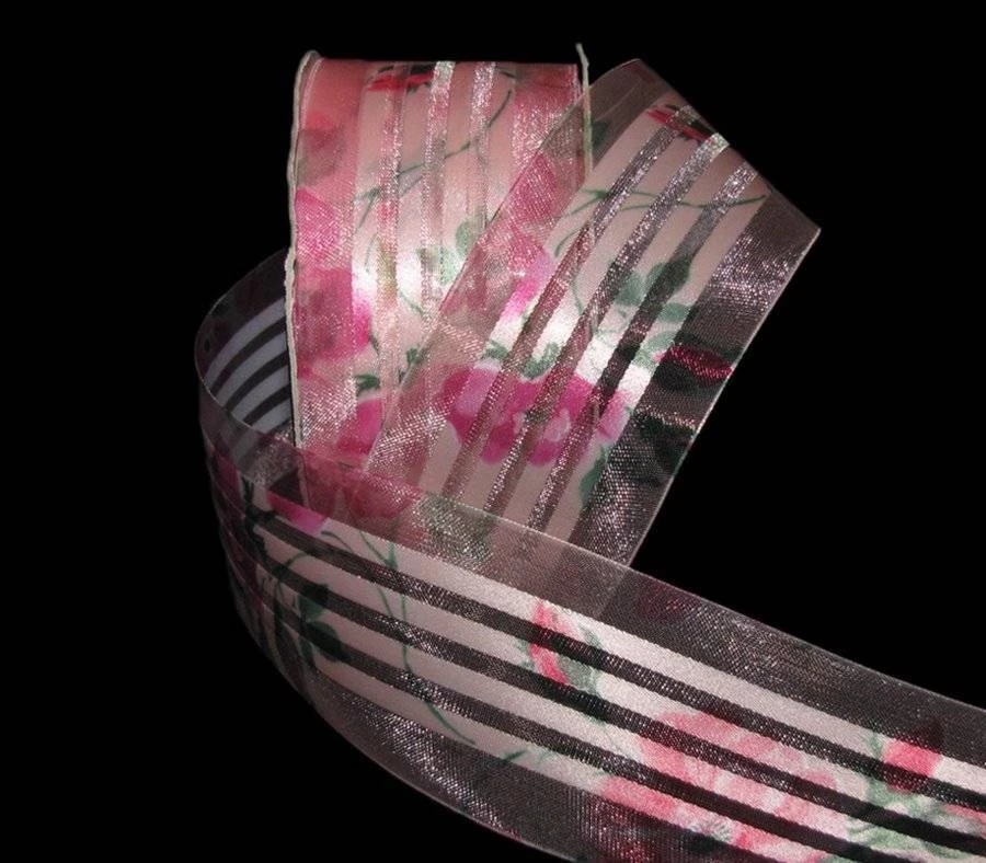 5 Yards Spring Coral Pink Peach Green Flower Garden Stripe Sheer Ribbon 1 1/2"W - Image 1 of 1