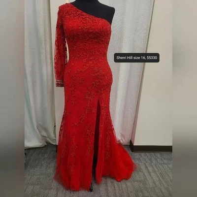 Nuevo con etiquetas Vestido Sherri Hill 55330 Hoja Roja Encaje Piedras Calientes Manga Una Baile de graduación Concurso 16 Foto 1 de 4
