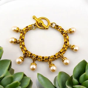 "Brazalete colgante vintage clásico grande imitación perlas tono dorado cierre de palanca de 8""" - Imagen 1 de 10