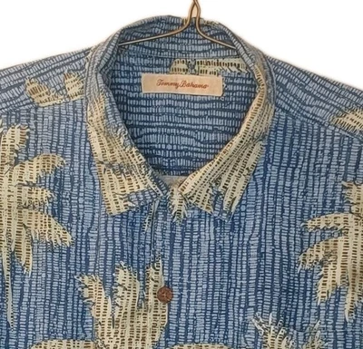 Camisa Hawaiana Tommy Bahama Seda Talla XL Azul Palmera Botón Cuello Lazo Costera Foto 1 de 4