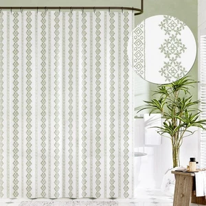 Boho Farmhouse Green and White Shower Curtain Geometric Vertical Striped Fabr... - Picture 1 of 8