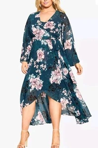 CITY CHIC Womens Plus L 20 Jade Blossom Maxi Wrap Around Dress w/Shift Polyester - Picture 1 of 11