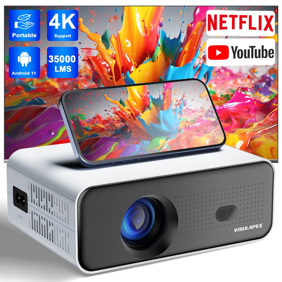 35000LMS 4K Projector Android 1080P HD 5G WiFi Bluetooth Video Home Theater HDMI - Image 1 of 4