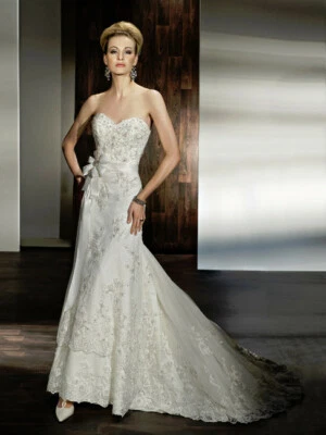 Demetrios 8-10 Ivory Wedding Dress Strapless Sweetheart Bling Appliques Sash Bow - Image 1 of 4