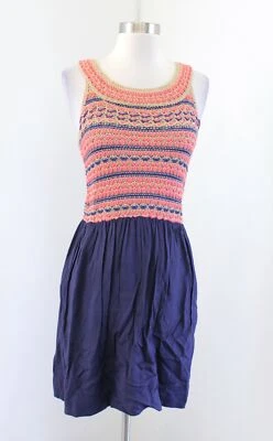 Vestido HD in Paris Anthropologie Azul Coral Tostado Crochet Tejido Contraste Talla XS Foto 1 de 4