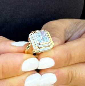 Cushion Cut Moissanite Engagement Ring Bezel Set 14K Solid Yellow Gold 3.50ct - Picture 1 of 12