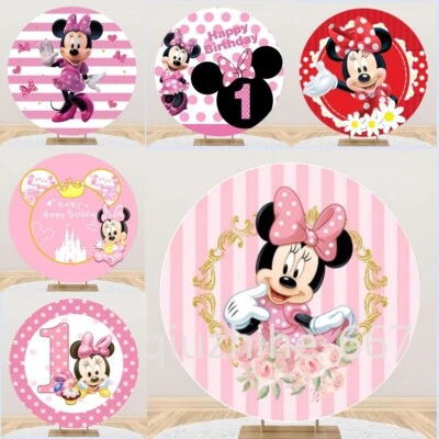 Cubierta de fondo redonda de Minnie Mouse para bebé niña fiesta de cumpleaños decoración de fondo Foto 1 de 4