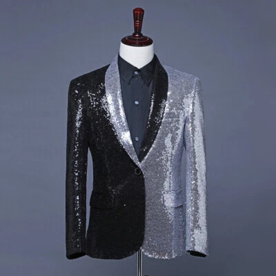 Men Glitter Sequins Suit Jacket Lapel Dress Blazer Tuxedo Wedding Showman Chic - Image 1 of 4