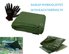 Green Heavy Duty Tarp Cover Waterproof Caravan Camping + A Pair of Work Gloves
