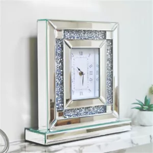 High-end Mirrored Desk Clock Crushed Diamond Table Clock Silver Glass Edge Frame - Picture 1 of 17