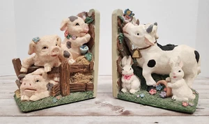 Hand Painted Scenic Bookends Ceramic Farm Animals Cow Pigs Rabbits Fence 5" - Picture 1 of 16