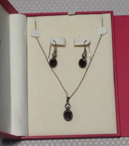 Coldwater Creek Sterling silver 3-pc Necklace & e/r Garnet stones in Box MINT - Picture 1 of 4