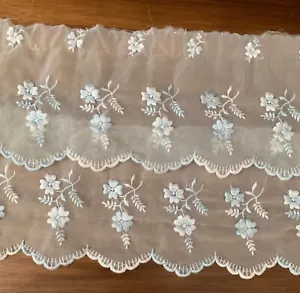 Vintage Organza Flat Lace Embroidered White Blue 13cm Wide - Picture 1 of 5