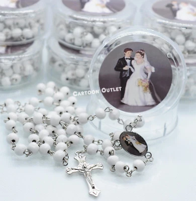 12 WEDDING KEEPSAKE ROSARY FAVORS COUPLE RECUERDOS DE BODA ROSARIO WHITE BEAD - Image 1 of 4