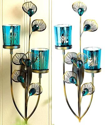 14.5" PEACOCK BLUE PLUME MULTI-TONES SCULPTURED TEALIGHT WALL SCONCE ** NIB - Image 1 of 4