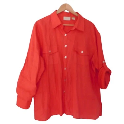 Womens Size 2X Red Orange Linen Tunic Button up Roll Tab Sleeve Studio Works - Image 1 of 4