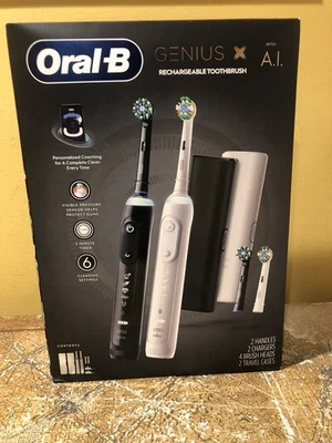 Nova escova de dentes elétrica recarregável Oral-B Genius X pacote com 2 preto e branco - Imagem 1 de 4