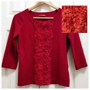 Cyrus By Evolution Cherry Red 3/4 Sleeve Flowers Sweater Cardigan Shrug~ S M3020 - Picture 1 of 21