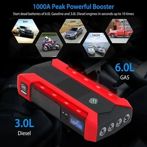 Car Jump Starter Booster 1000A Peak 20000mAh 12V Battery Charger (Up to 6.0L Gas - Picture 1 of 8